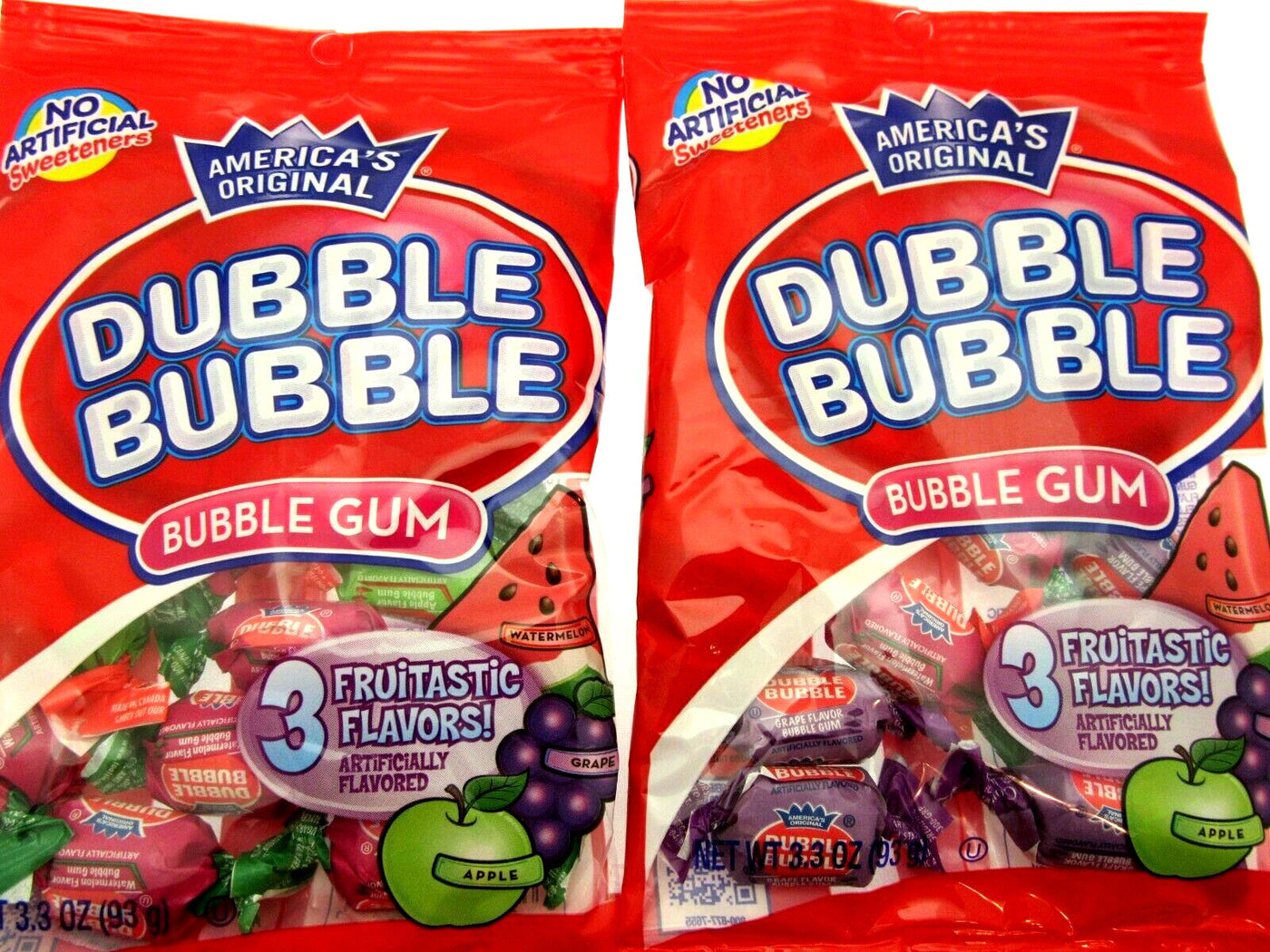 Dubble Bubble ~ 3 Flavor Fruit Mix Double Bubble Gum Chewing ~ two 3.3oz bags