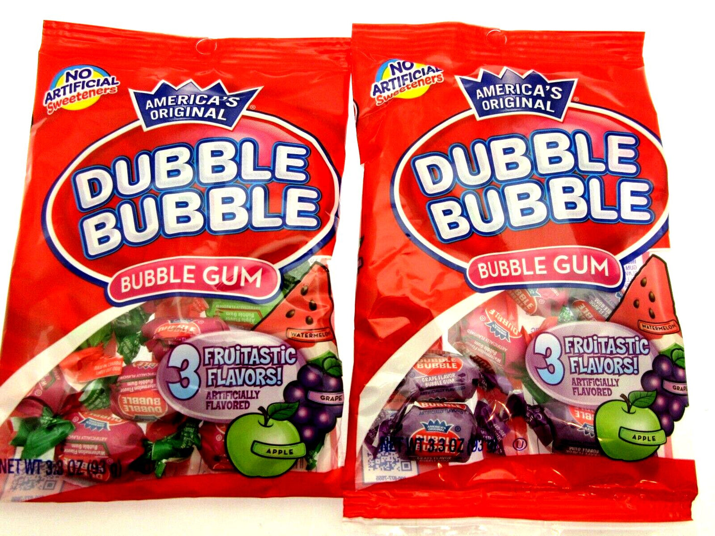 Dubble Bubble ~ 3 Flavor Fruit Mix Double Bubble Gum Chewing ~ two 3.3oz bags