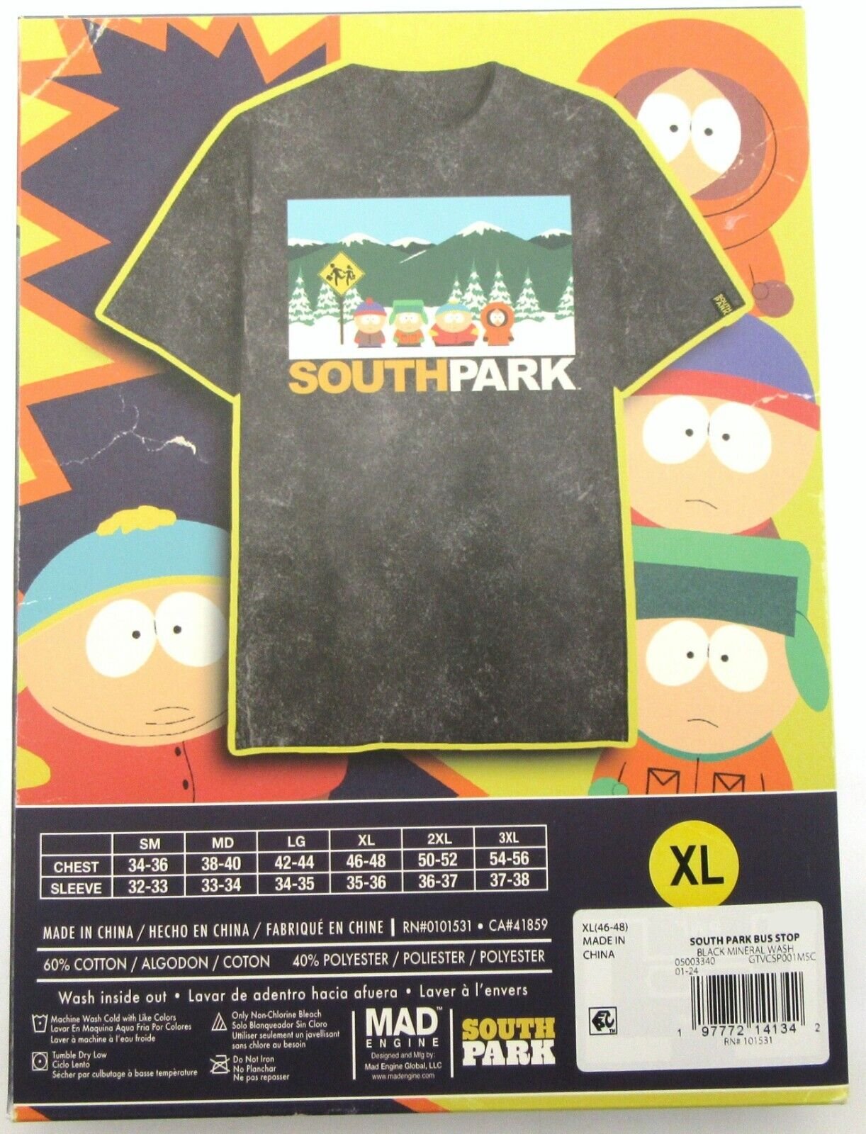 South Park ~  Extra Large T-Shirt  ~ Size XL ~ Bus Stop ~ Black Mineral Wash