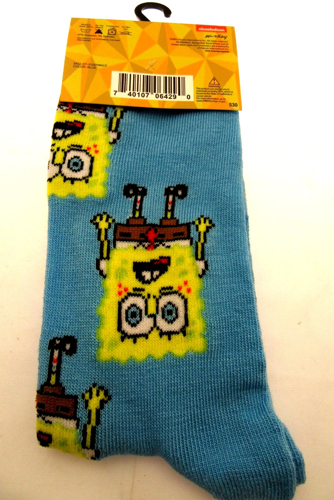 One Pair of Sponge Bob Crew Socks for Men Shoe Sizes 6 - 12