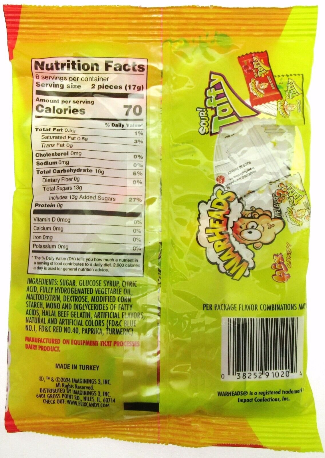 NEW! Warheads ~ Sour Taffy  ~ With Mystery Flavor ~ 3.59oz Bag ~ Lot of 2