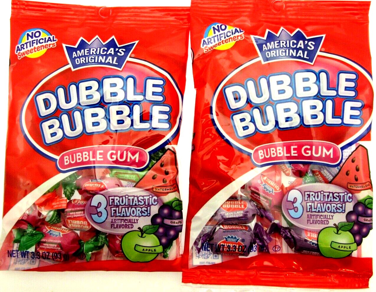 Dubble Bubble ~ 3 Flavor Fruit Mix Double Bubble Gum Chewing ~ two 3.3oz bags