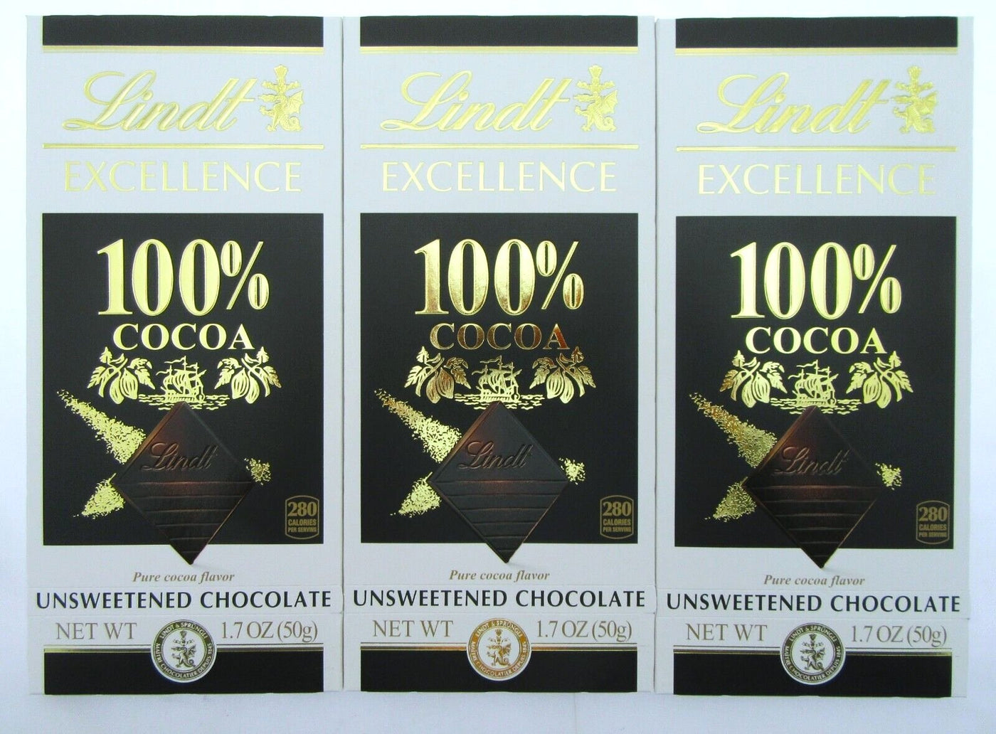 Lindt 100% Cocoa Unsweetened Chocolate 1.7 ounce ~ Lot of 3