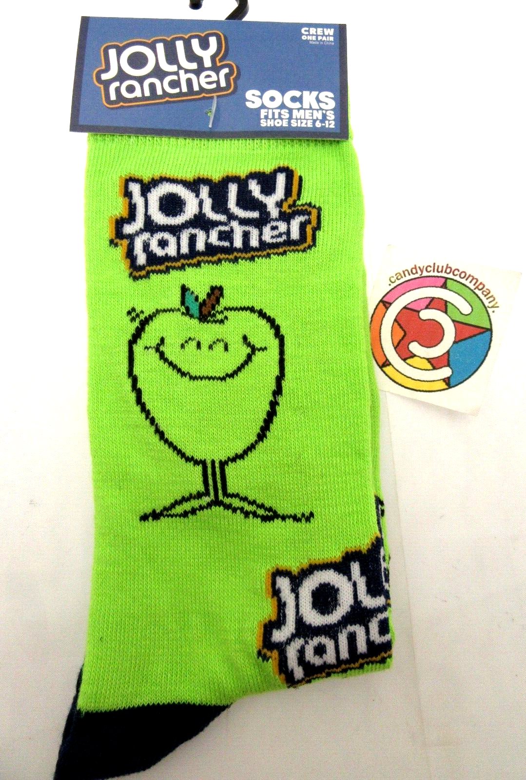 One Pair of Green Apple Jolly Rancher Crew Socks for Men Shoe Sizes 6 - 12