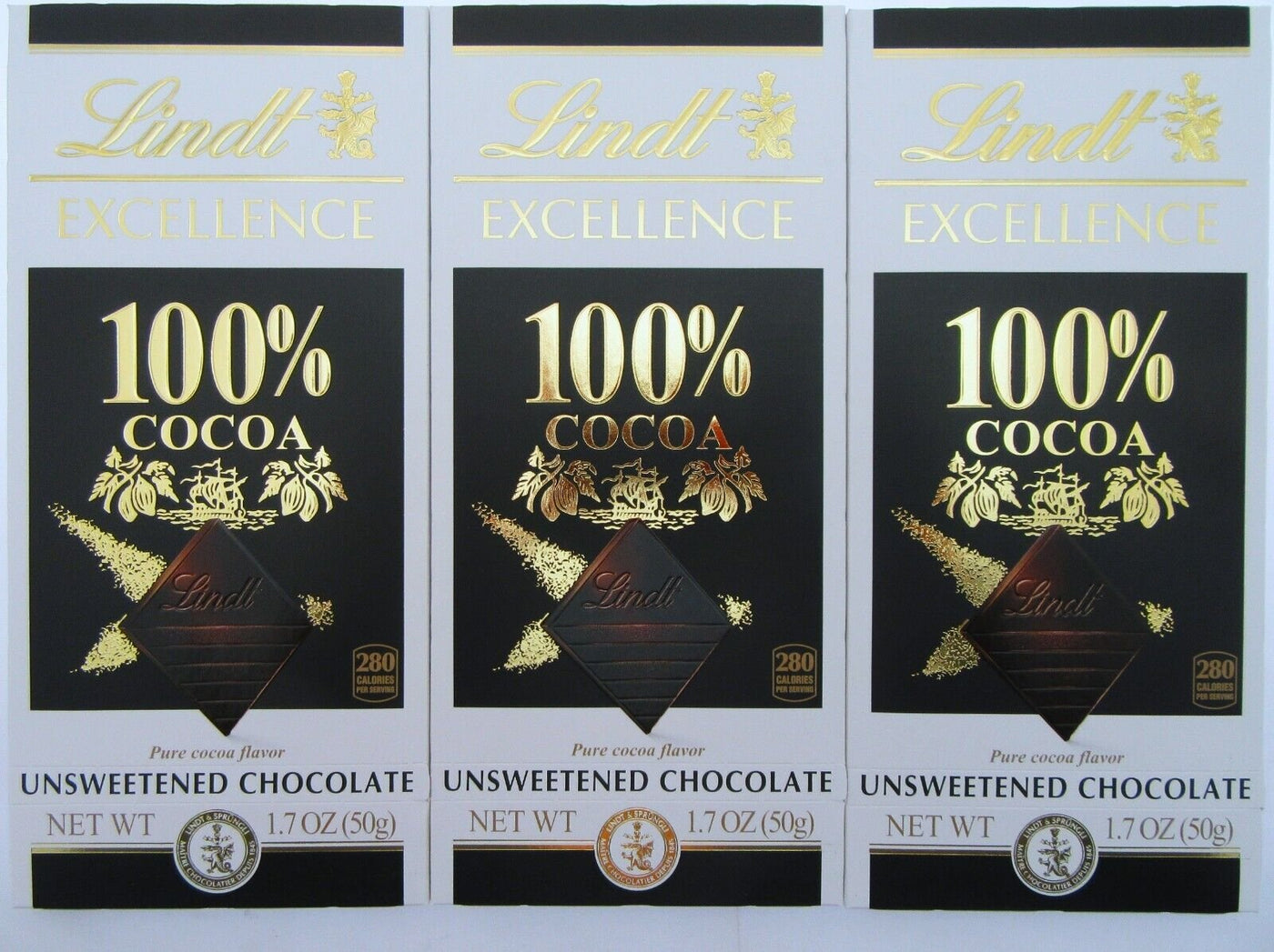 Lindt 100% Cocoa Unsweetened Chocolate 1.7 ounce ~ Lot of 3