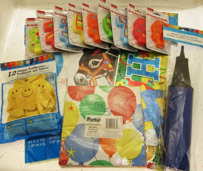 Party Kit Set Table Cloths Napkins Balloons Pump Pin Tail Donkey Birthday Banner